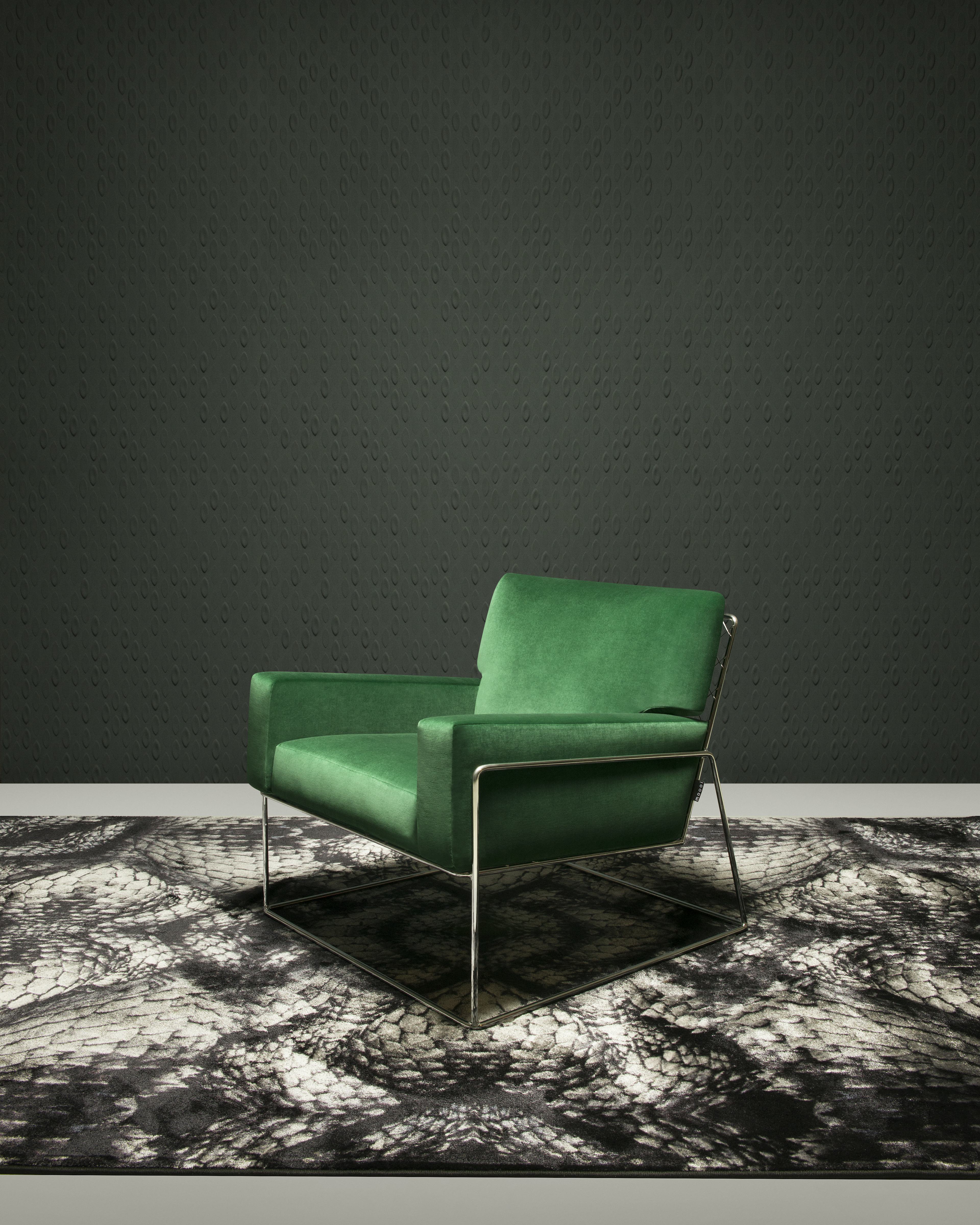 Poetic composition Charles Armchair green, Moooi Carpet and Moooi Wallcovering dark
