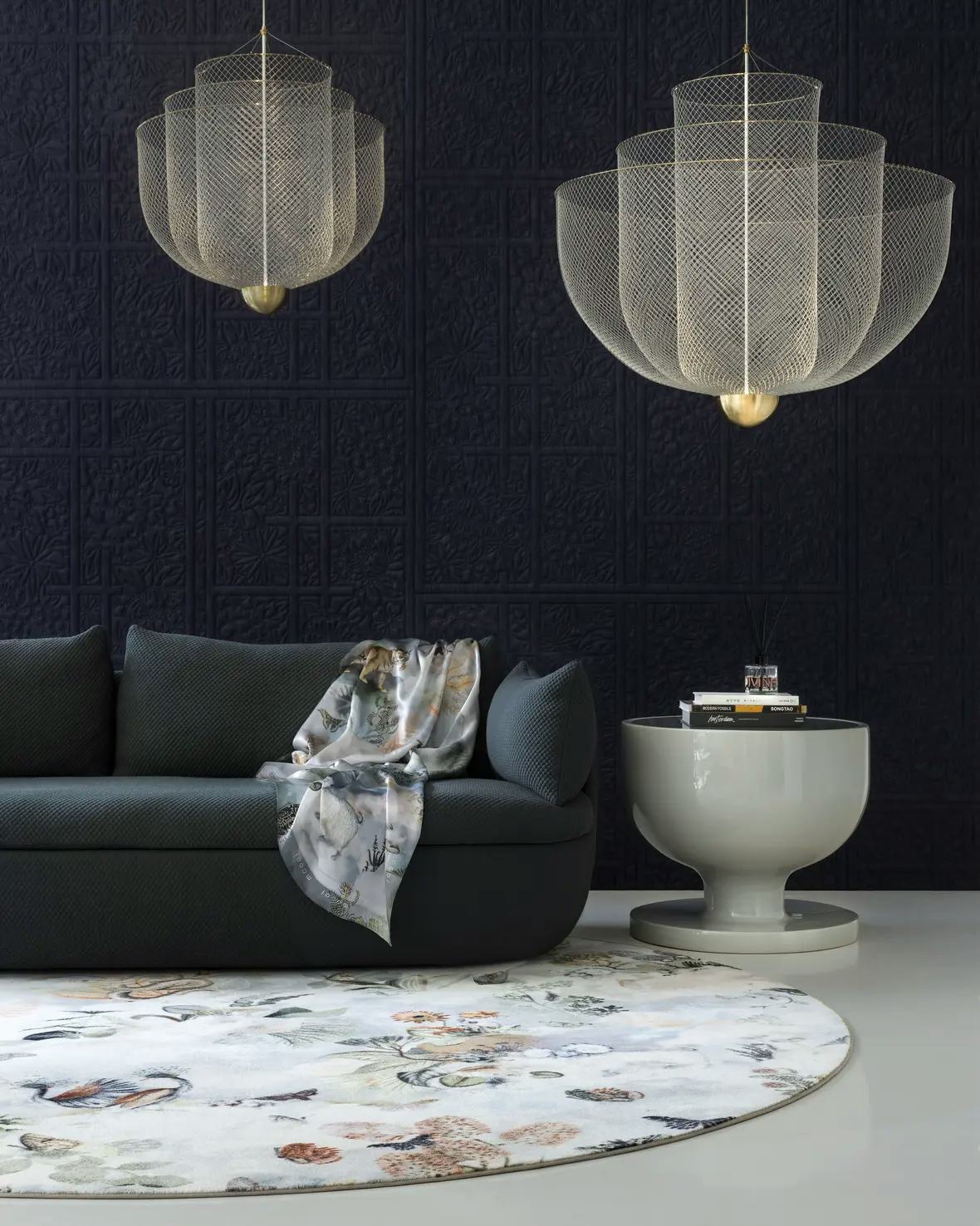 memento moooi medley carpet and scarf with bart sofa and meshmatics chandelier