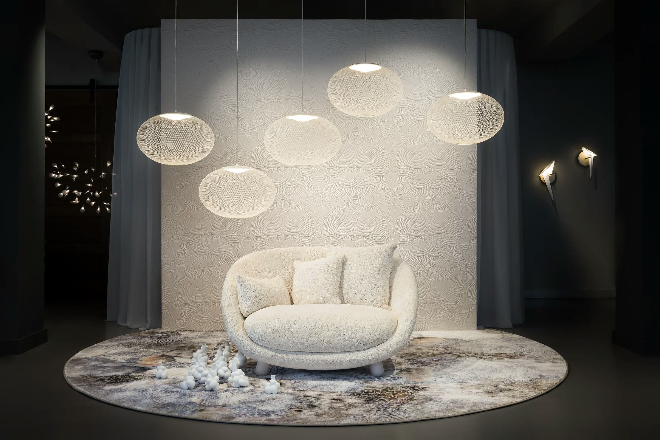 Interior of London Showroom 2018 with Love Sofa, NR2 suspension light and Moooi Carpet