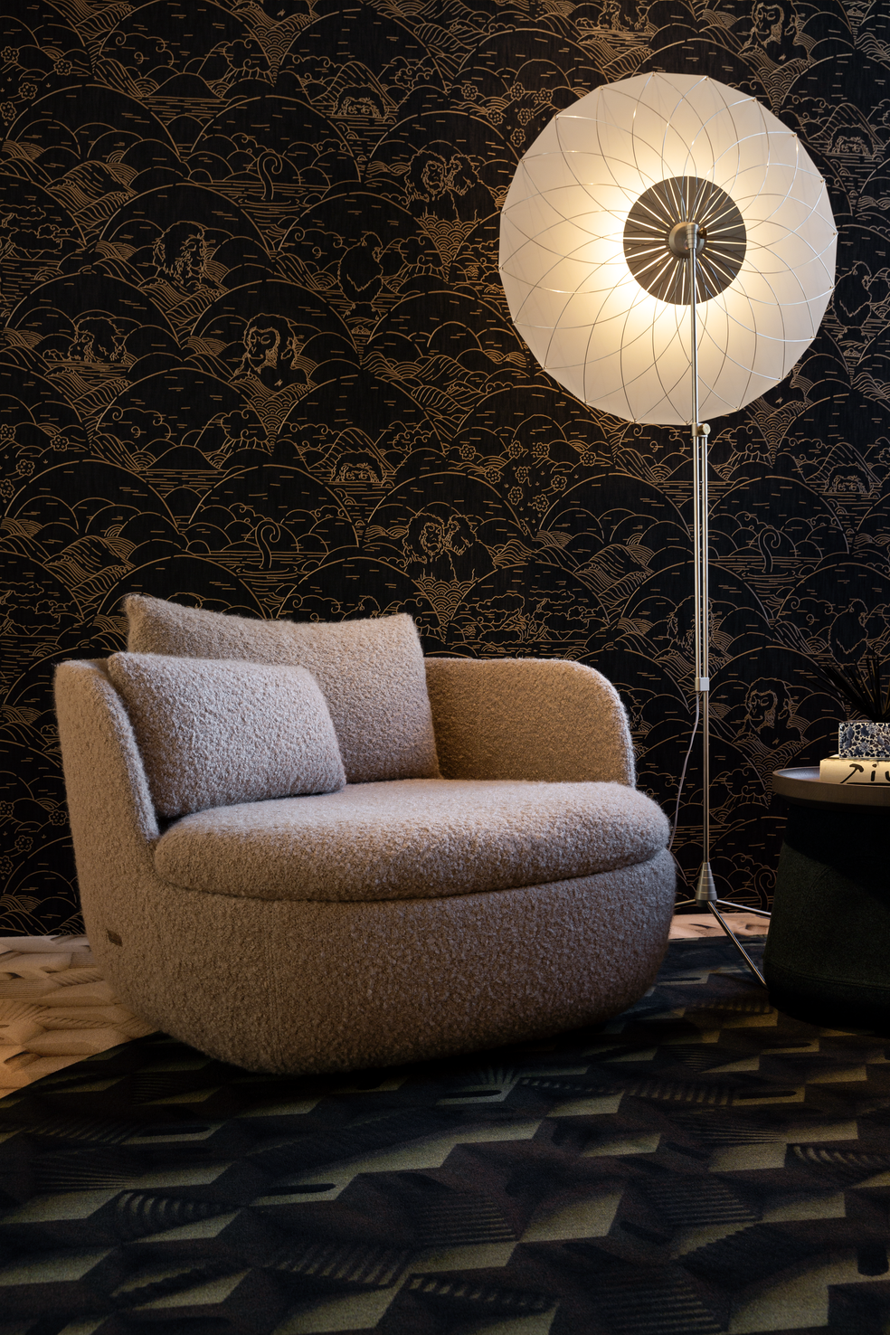 Interior of Amsterdam Brandstore 2020 with Filigree Floor Lamp, Bart Armchair and Tokyo Blue Wallpaper