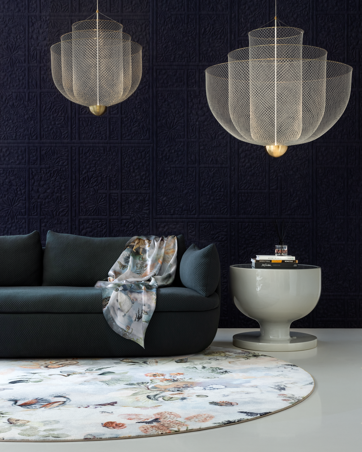 memento moooi medley carpet and scarf with bart sofa and meshmatics chandelier