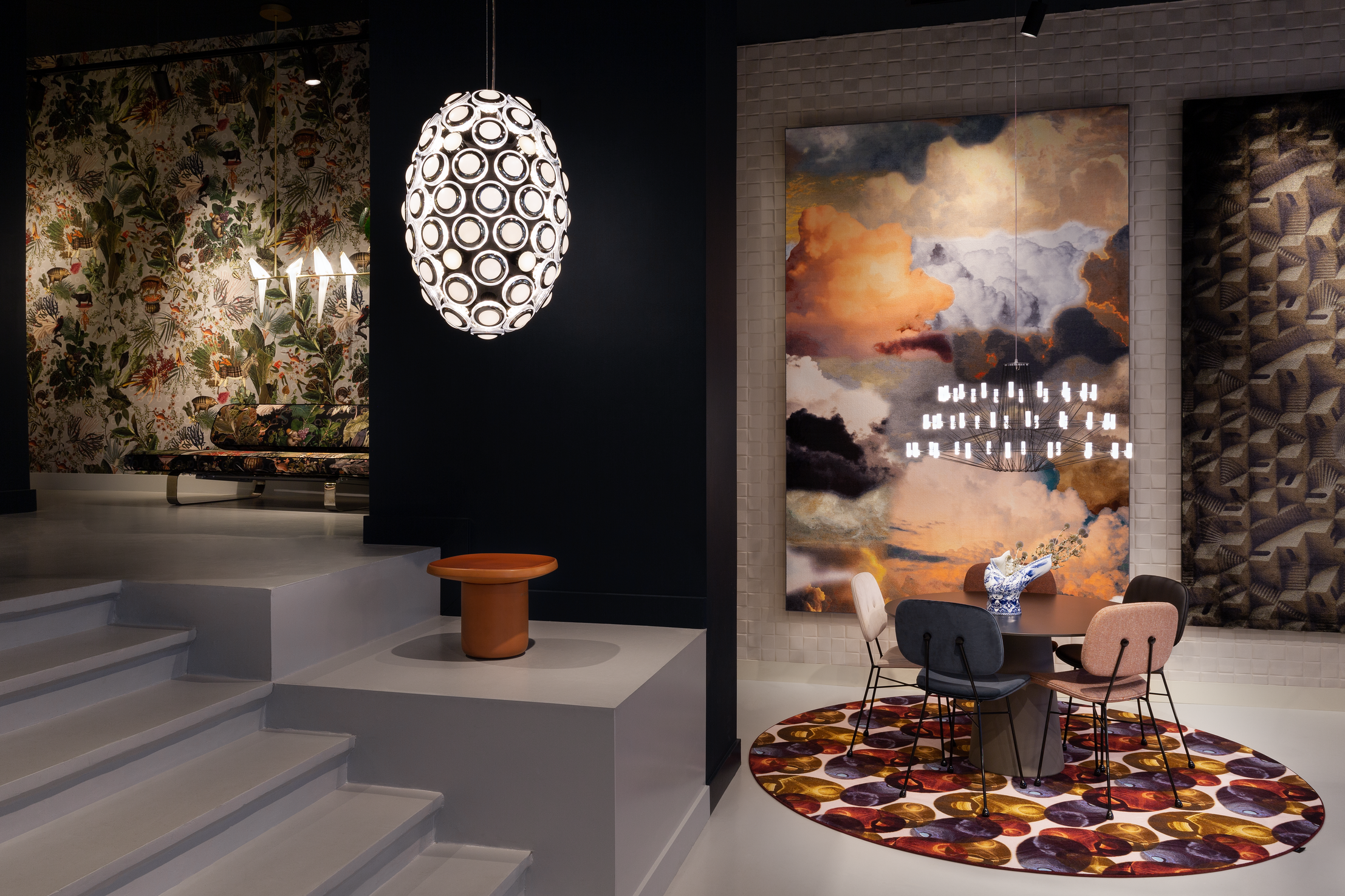 Interior of Stockholm showroom with Iconic Eyes suspension light, Obon side table and Coppelia suspension light 