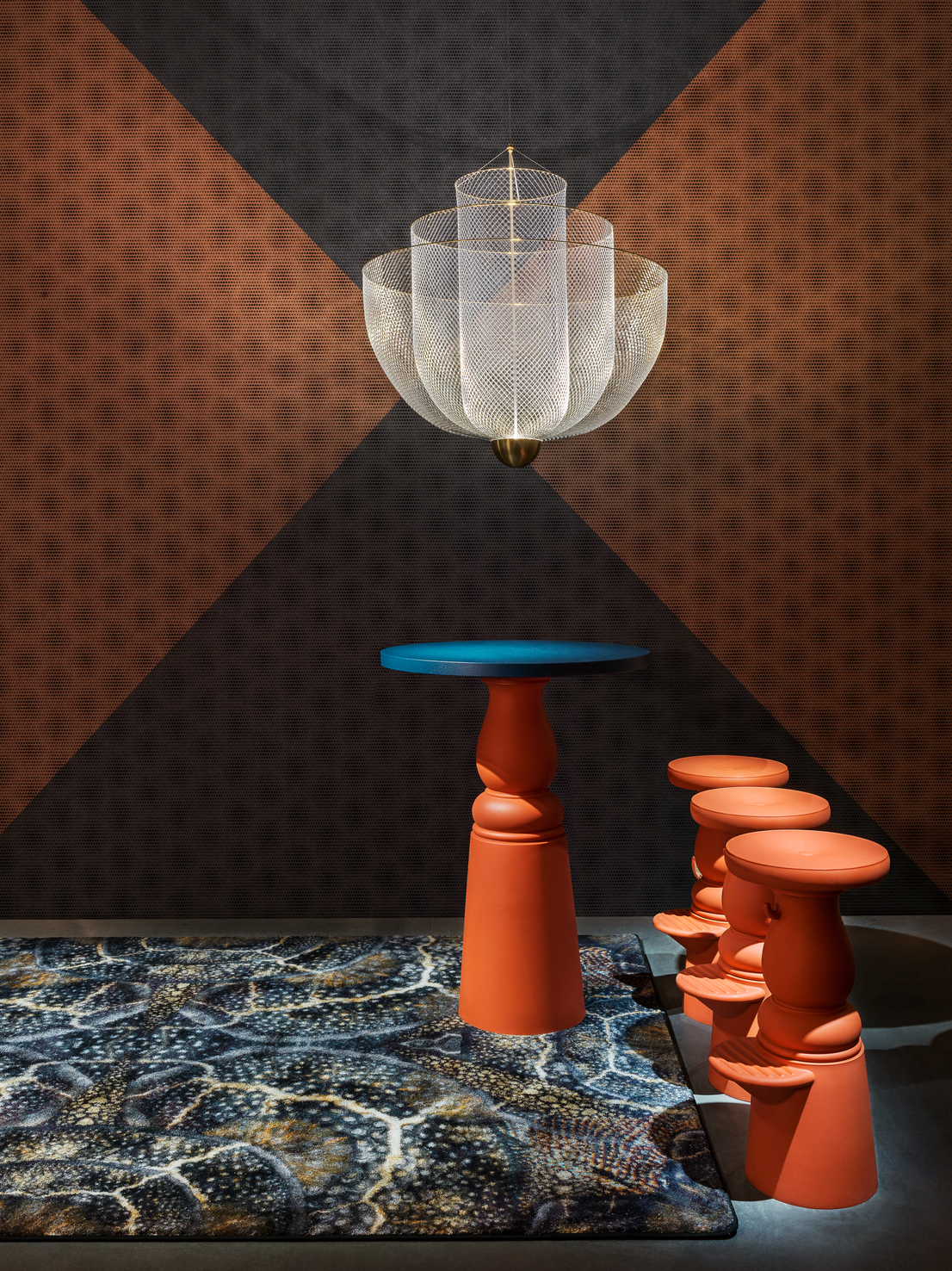 Impression of Milan 2018 with Meshmatics Chandelier, Container Table and Container Barstool New Antiques