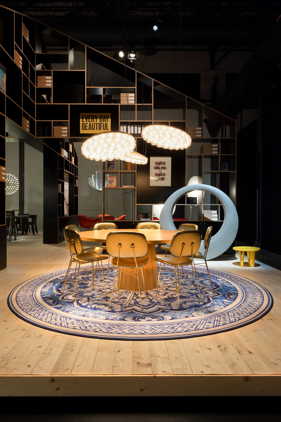 Impression of Milan 2018 with Prop Light Round suspension, Container Table and The Golden Chair