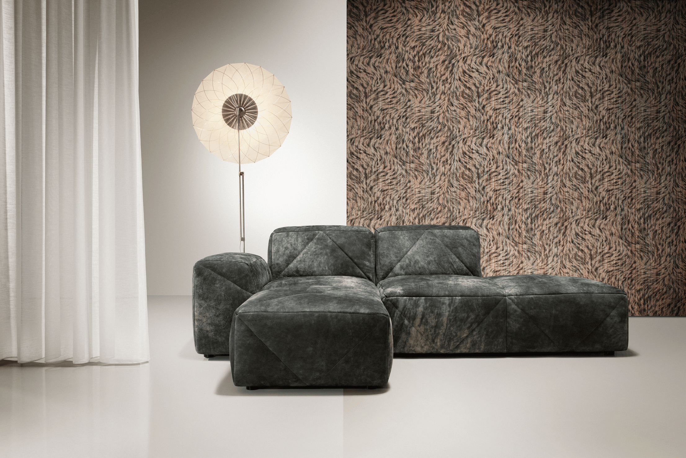 Poetic composition BFF Sofa and Filigree Floor Lamp