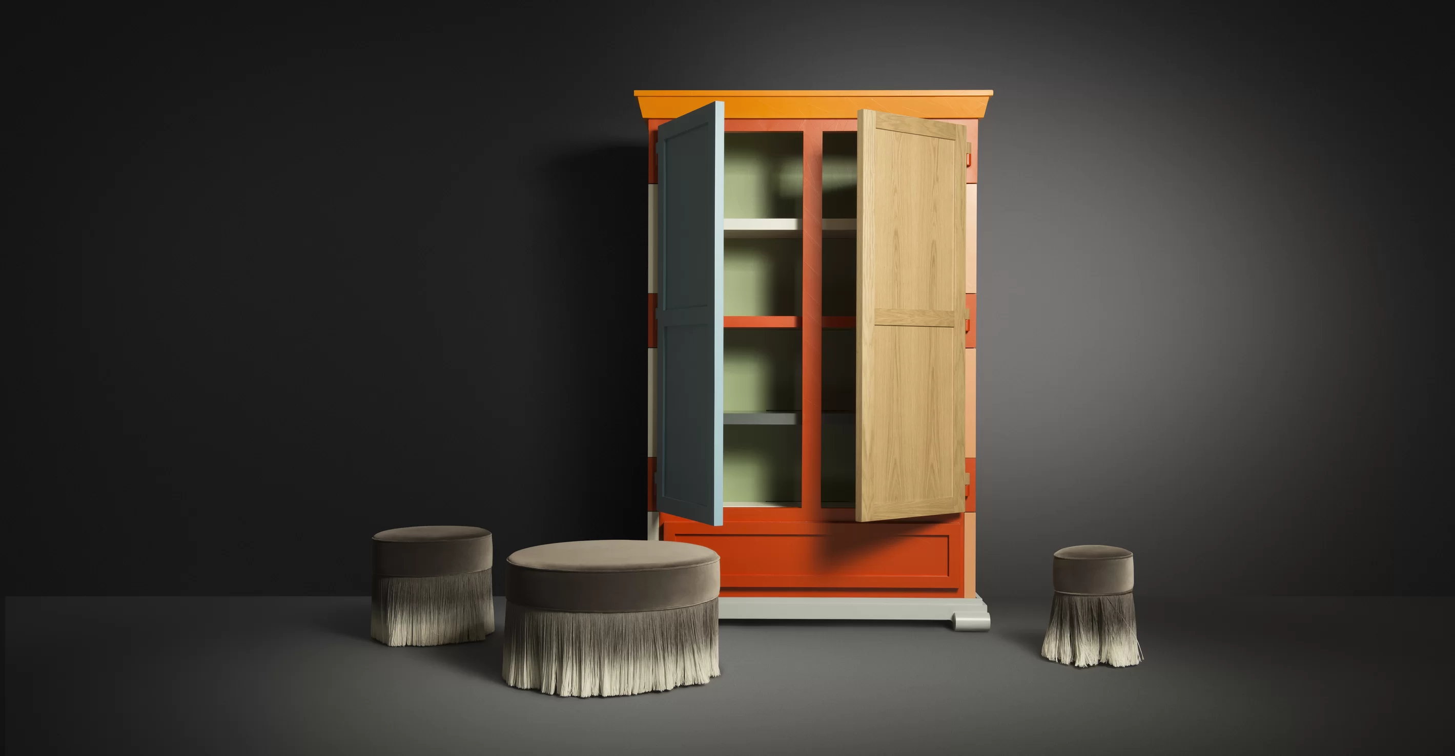 three sizes of the Amami pouf with the Paper cupboard