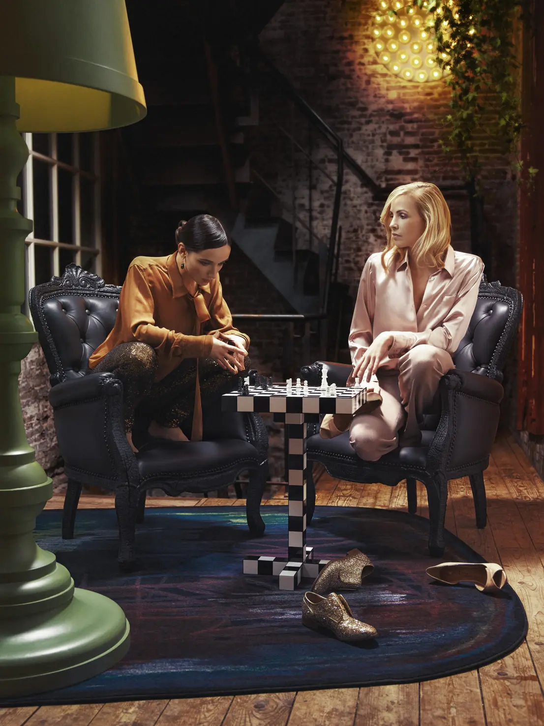 Carpet Scribble in interior with Paper Floor Lamp, Smoke Armchair and Chess Table