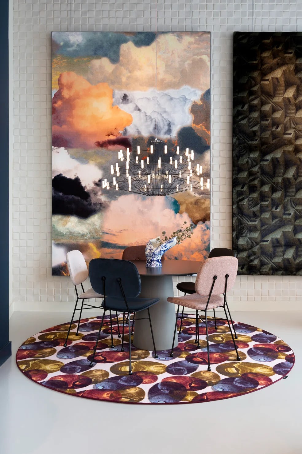 Showroom with Carpet Walking on Clouds, The Golden Chair, Coppelia suspension light and Container Table