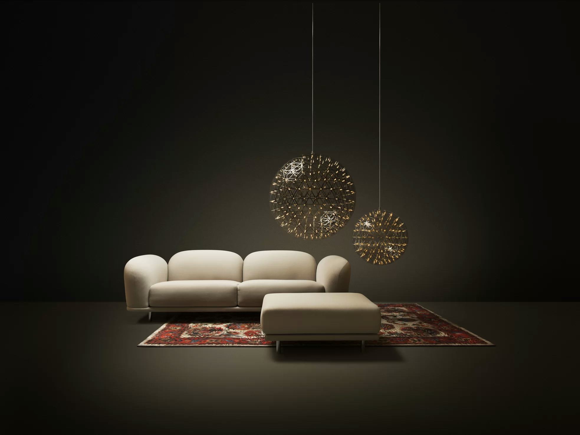 Poetic composition Cloud Sofa, Cloud Footstool, Raimond suspension light two sizes and Moooi carpet