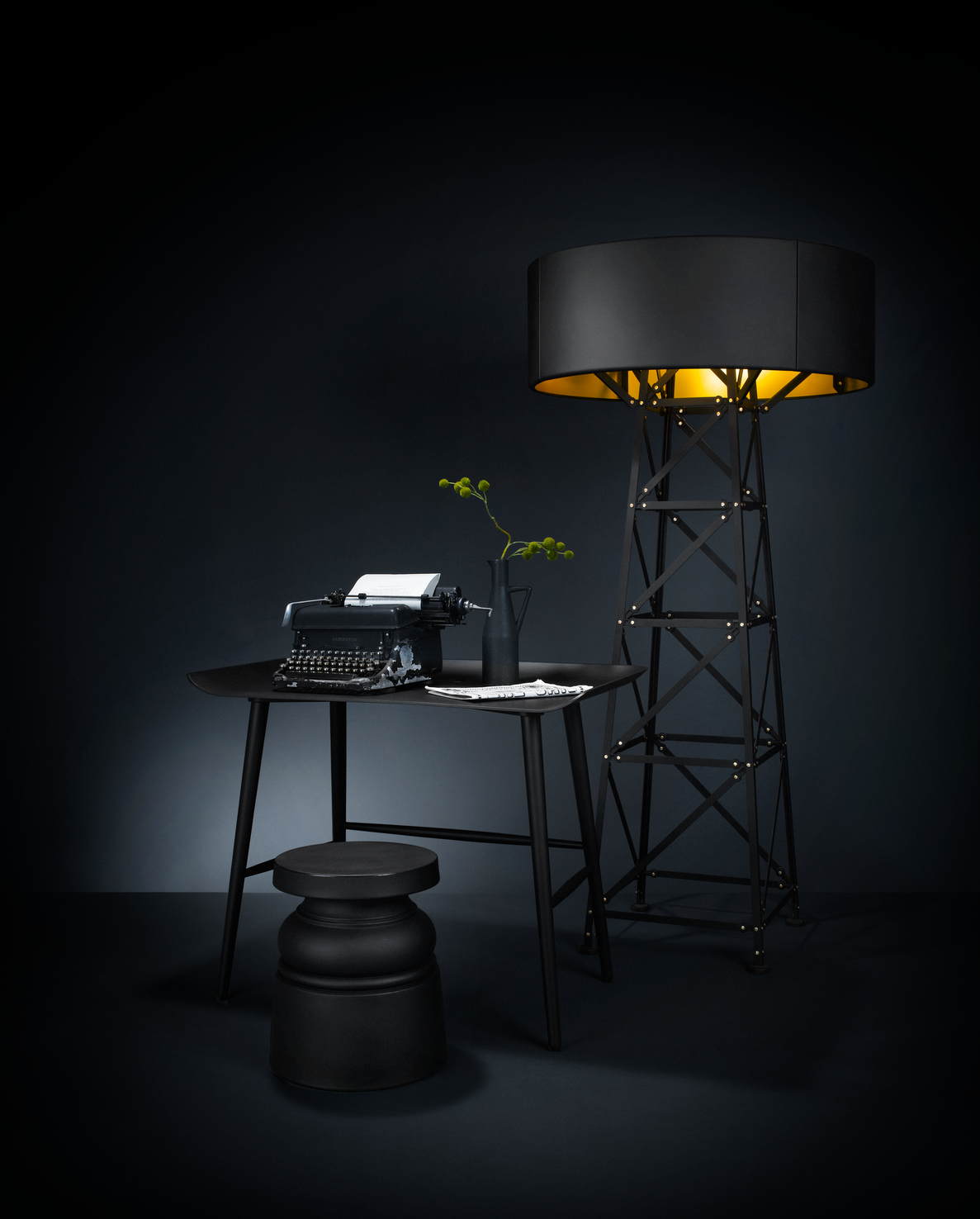 Poetic composition Construction Lamp, Woood desk and Container New Antiques Stool