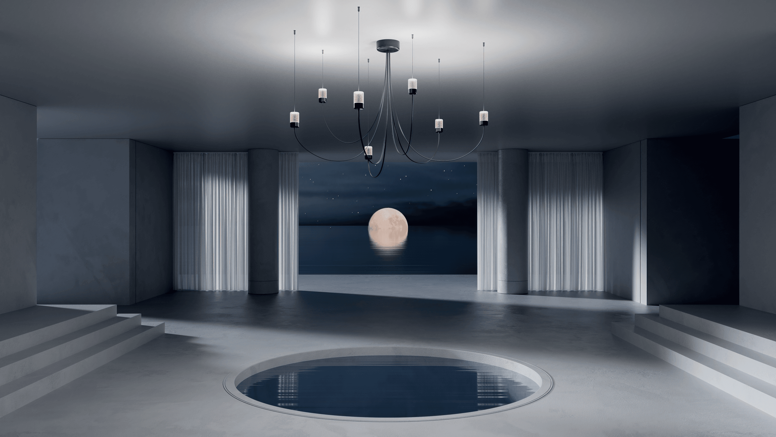 Gravity Chandelier 7 in moon setting