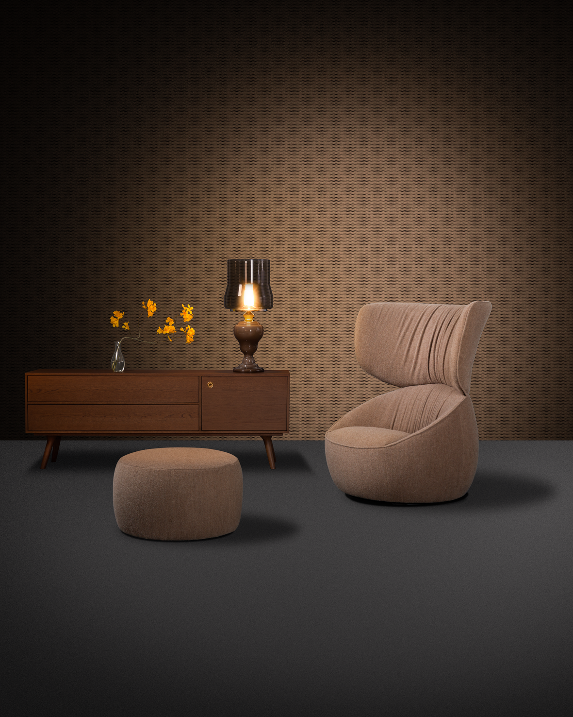 Composition with Hana Armchair Wingback and Pooof