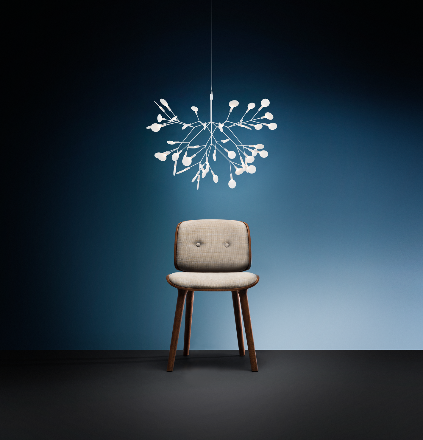 Poetic composition of Heracleum II white suspension light and Nut Dining Chair