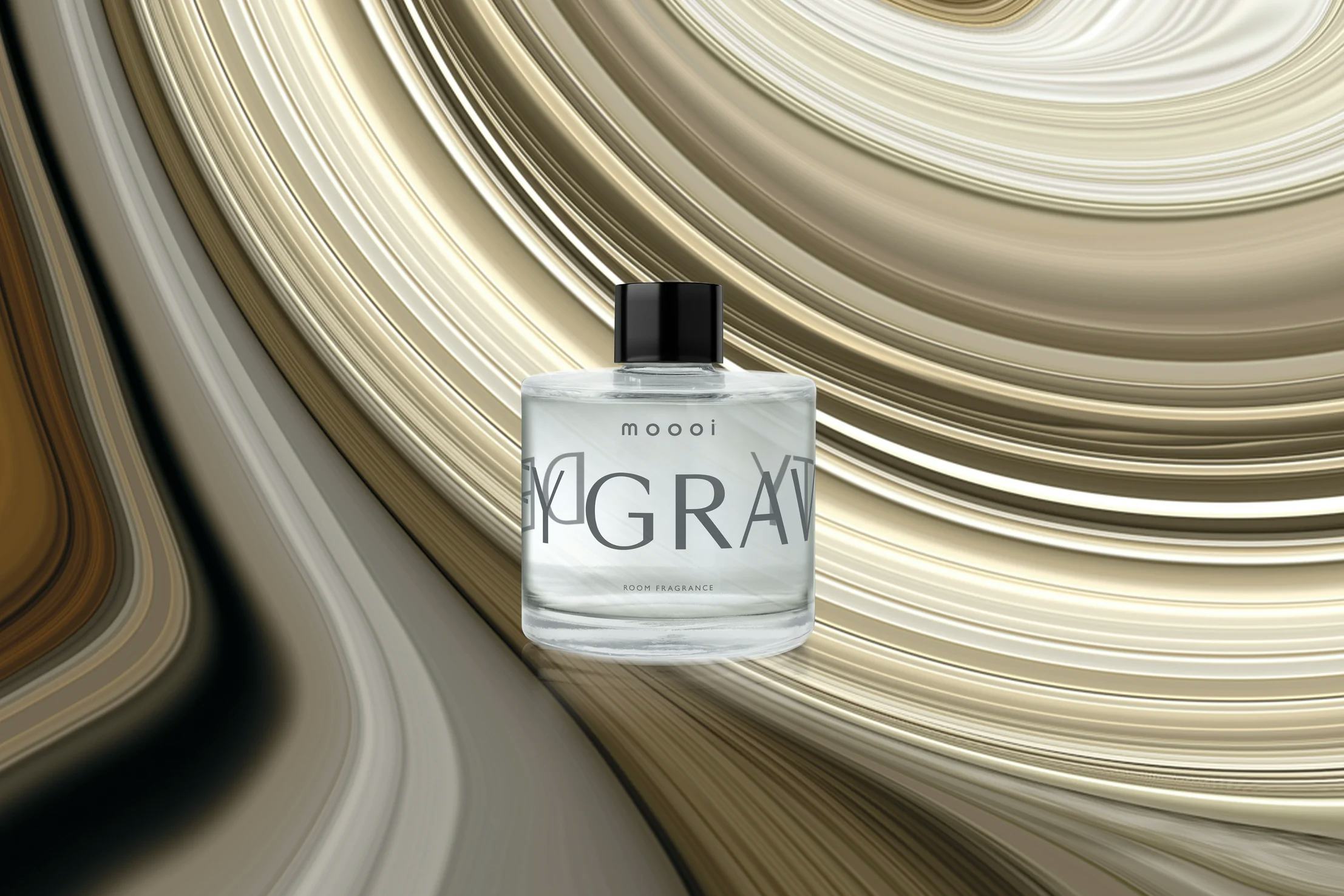 Room Fragrance Defy Gravity bottle with graphic brown background