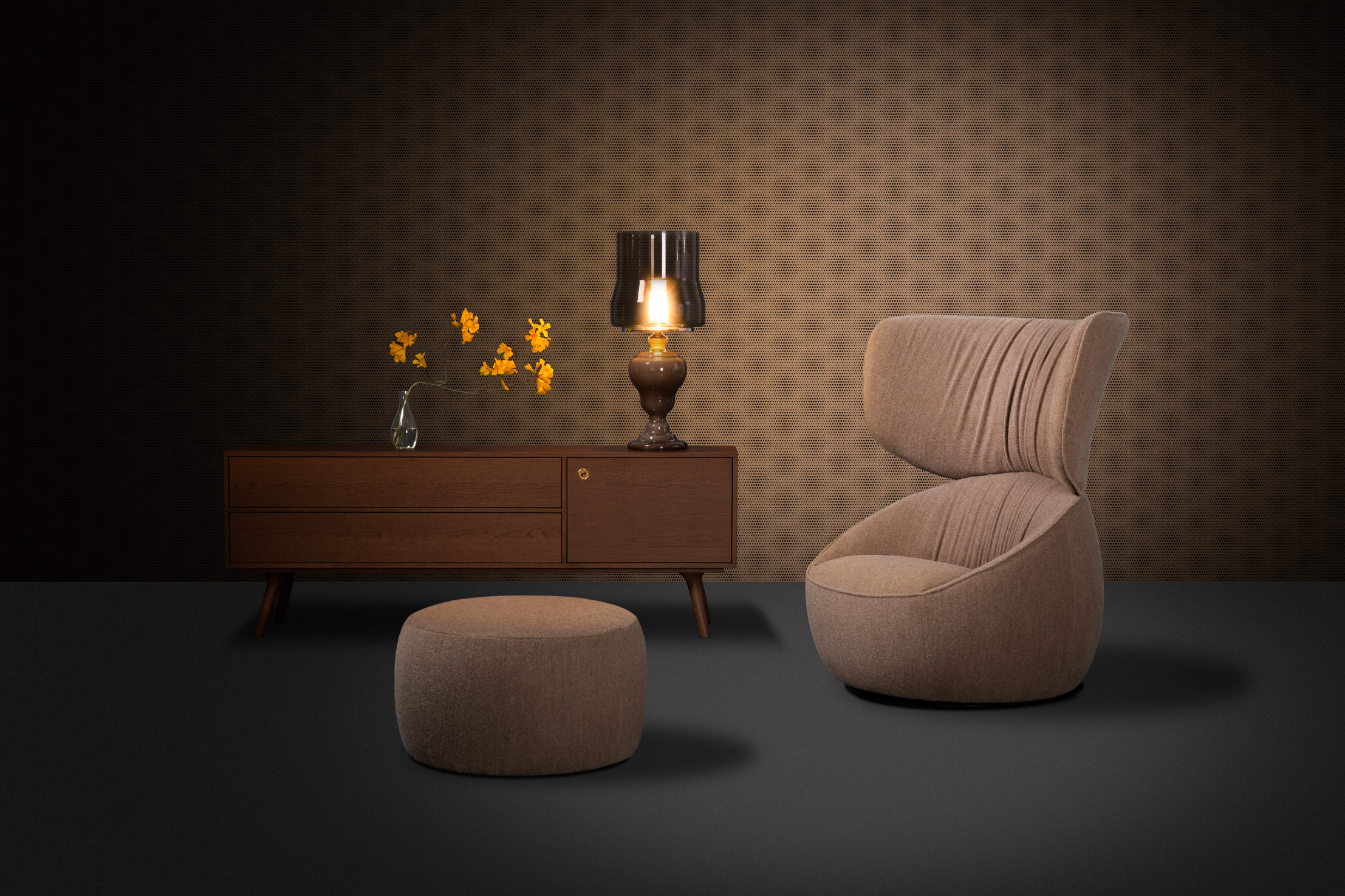 Interior with Hana Armchair Wingback and Pooof