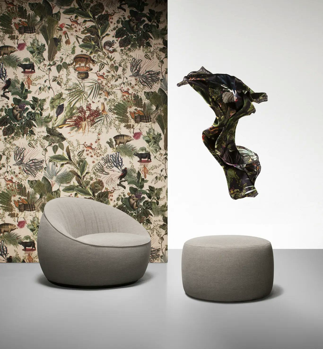 Poetic composition of Hana Armchair, Pooof and Scarf Mengarerie