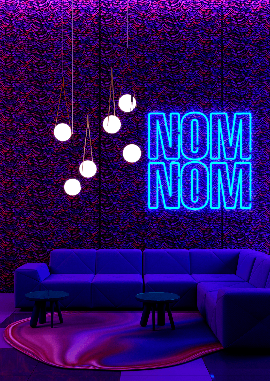 Nom Nom Light Game Bar applied image with container bar table and carbon barstools and BFF sofa