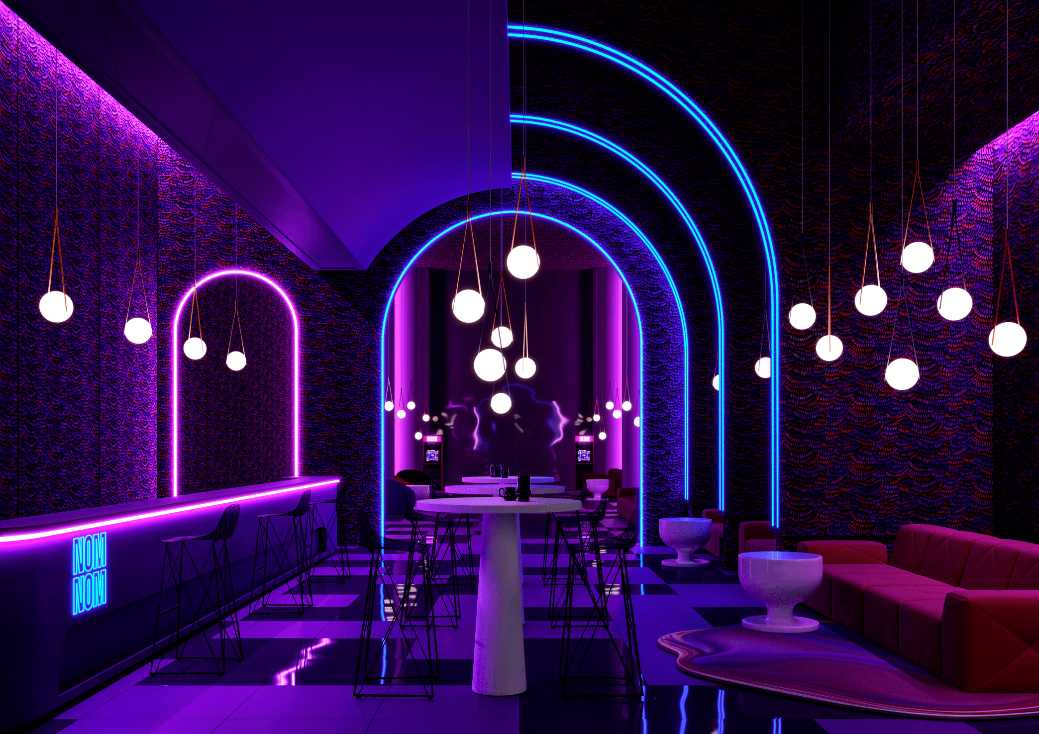 Nom Nom Light Game Bar applied image with container bar table and carbon barstools and BFF sofa