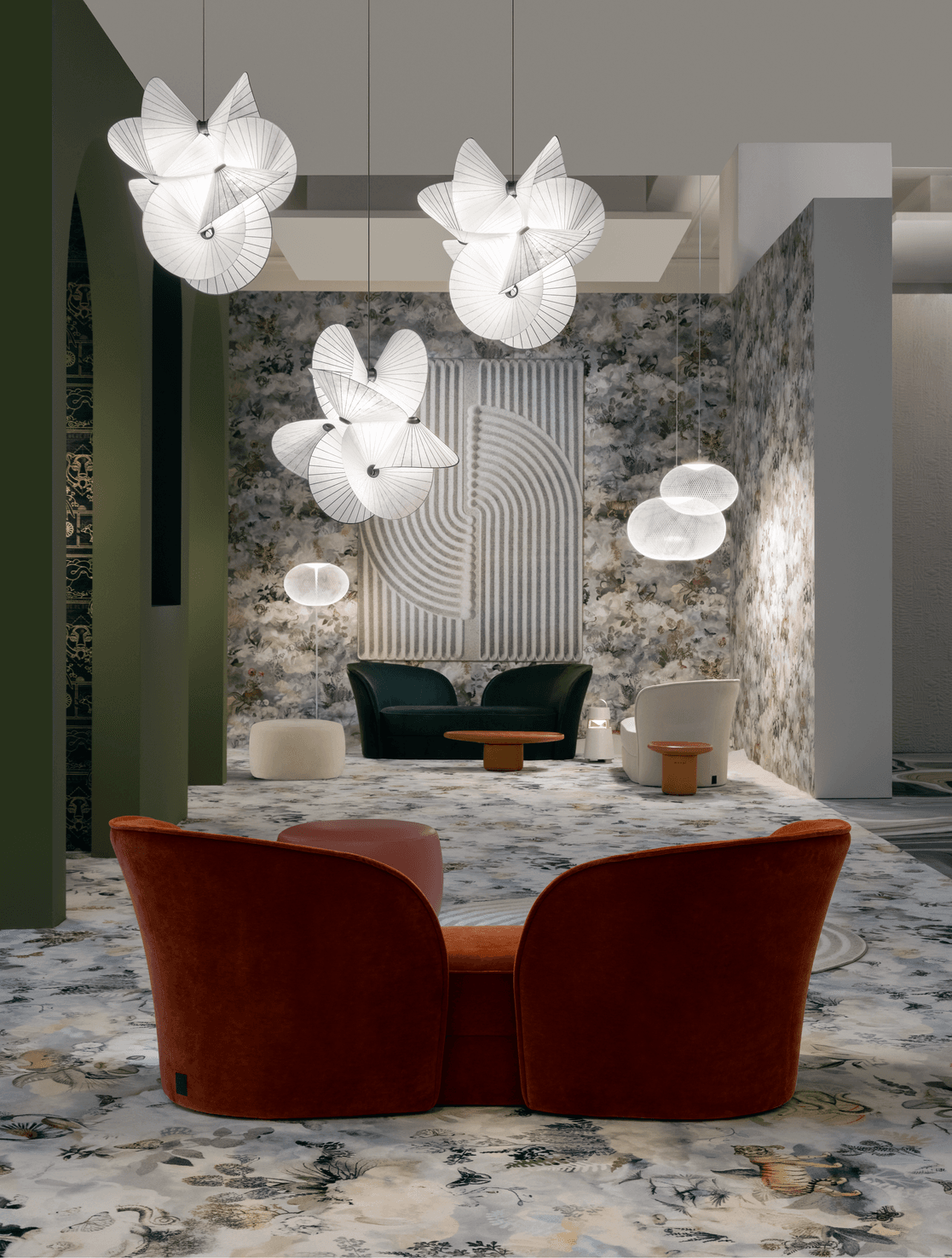 Aldora sofa and Serpentine light with Memento Moooi Wallcovering at Salone del Mobile Milan 2022