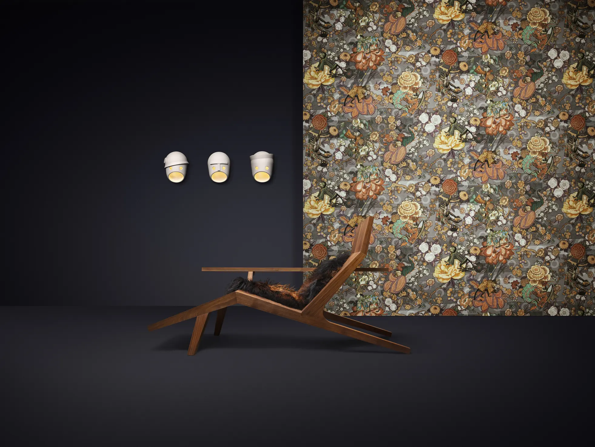 Poetic composition of Liberty Lounger, The Party Wall Lamp and  Wallcovering Rendezvous Tokyo Blue