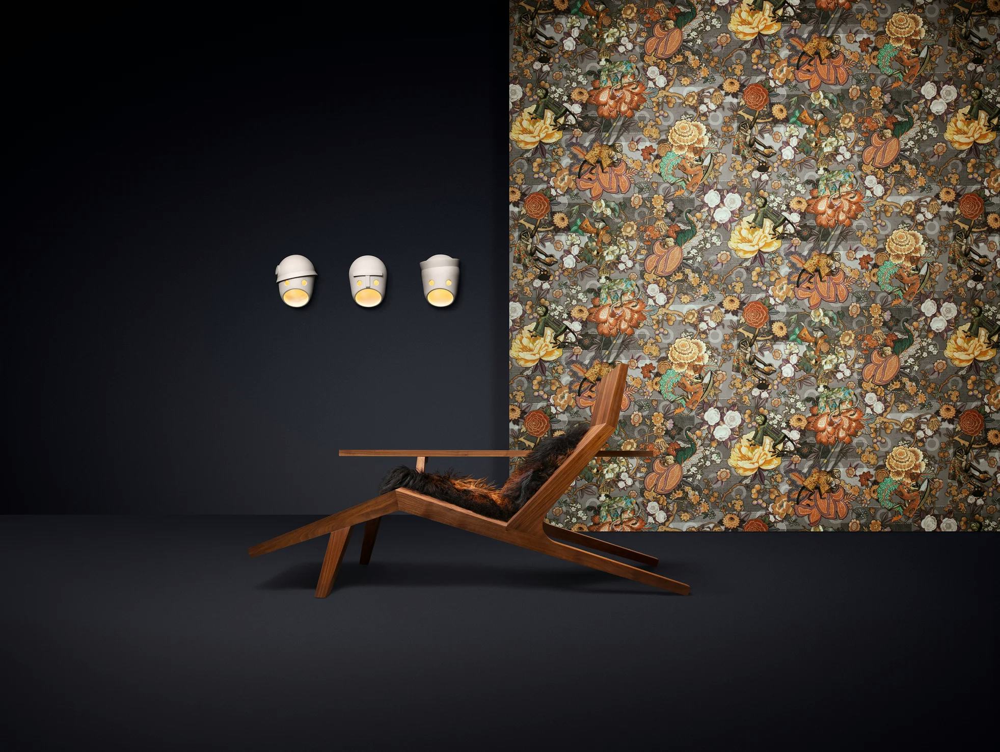 Poetic composition of Liberty Lounger, The Party Wall Lamp and  Wallcovering Rendezvous Tokyo Blue