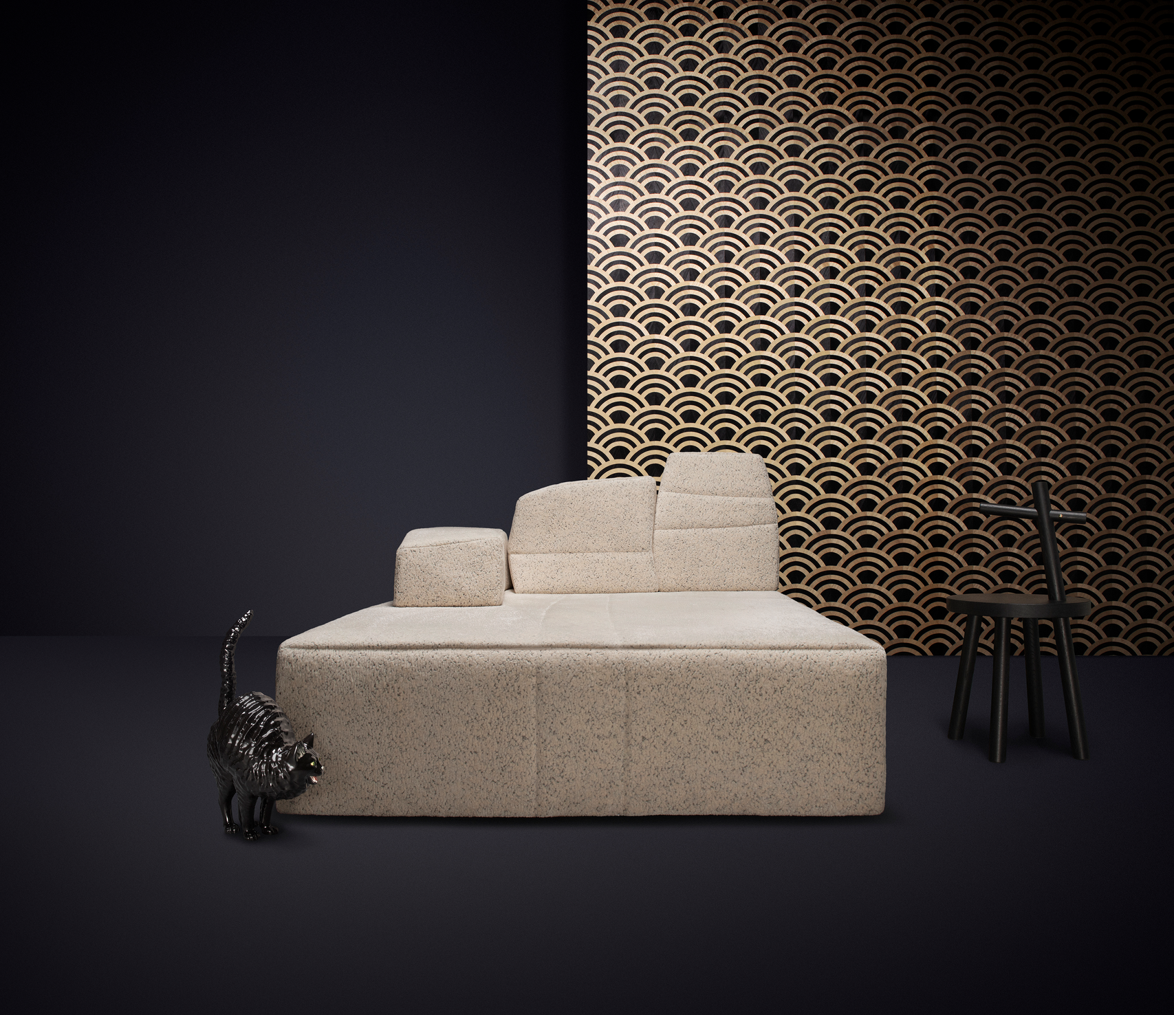 Poetic composition with SLT Sofa, Woody side table and Wallcovering Lucky O's