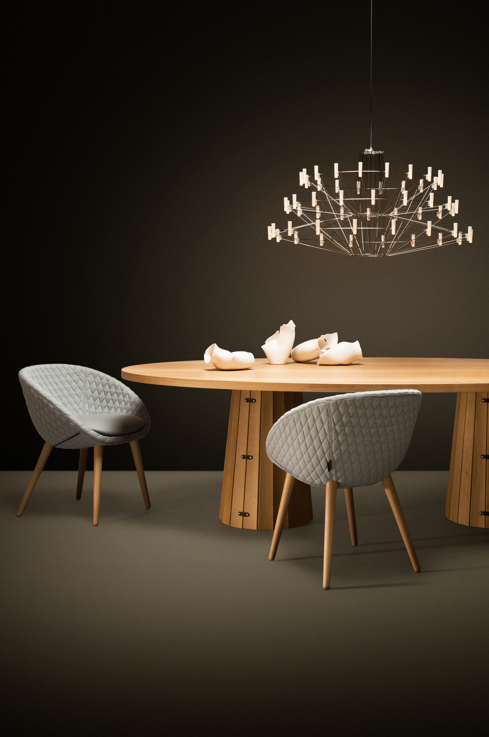 Poetic composition Container Table, Love Dining Chair and Coppelia Suspended light