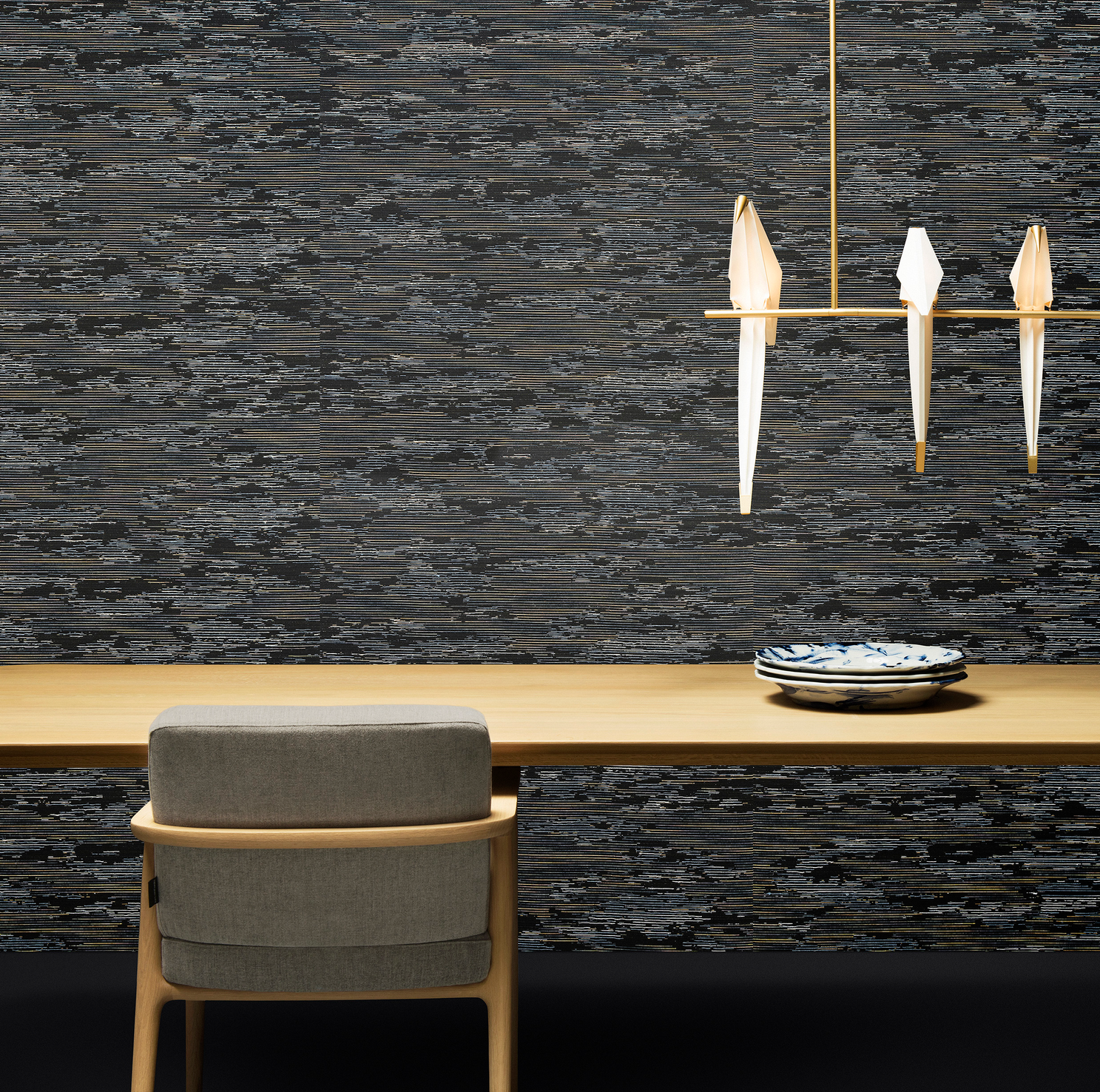 Composition with Nut Dining Chair, Perch Light Branch suspension and Moooi Wallcovering Tokyo Blue