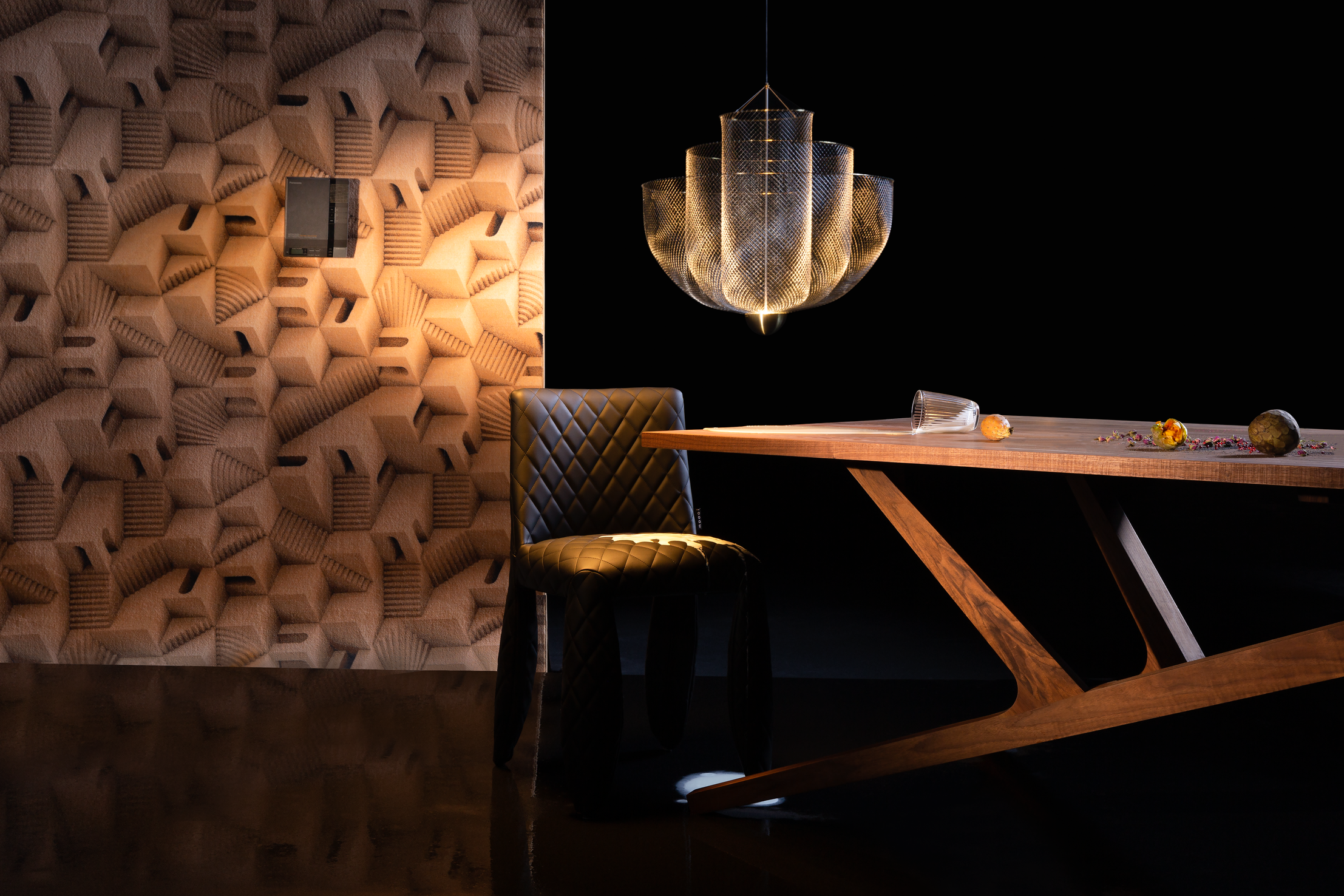 Poetic composition of Monster Chair, Liberty Table, Meshmatics Chandelier and Moooi Wallcovering